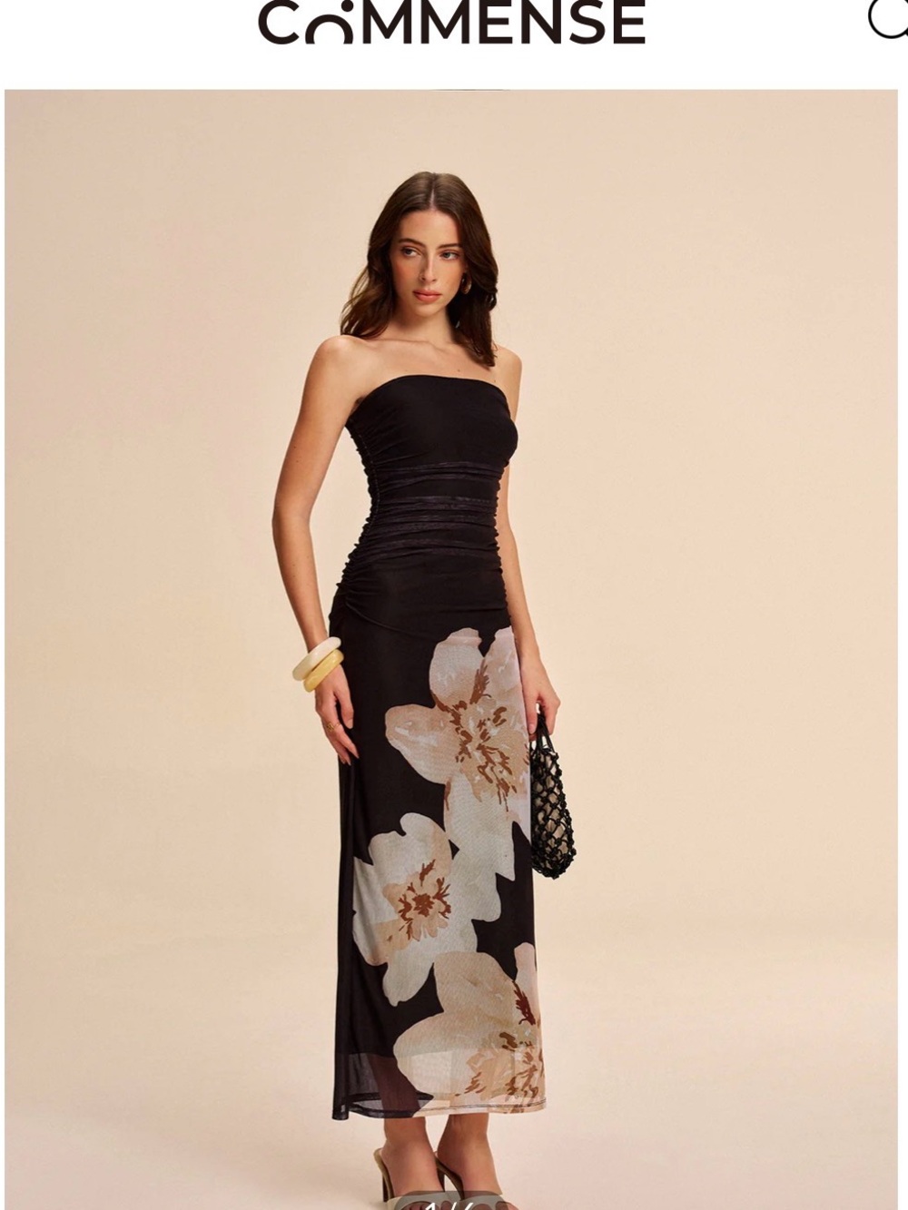 Commense Black Strapless Maxi Dress with Cream Floral Print
